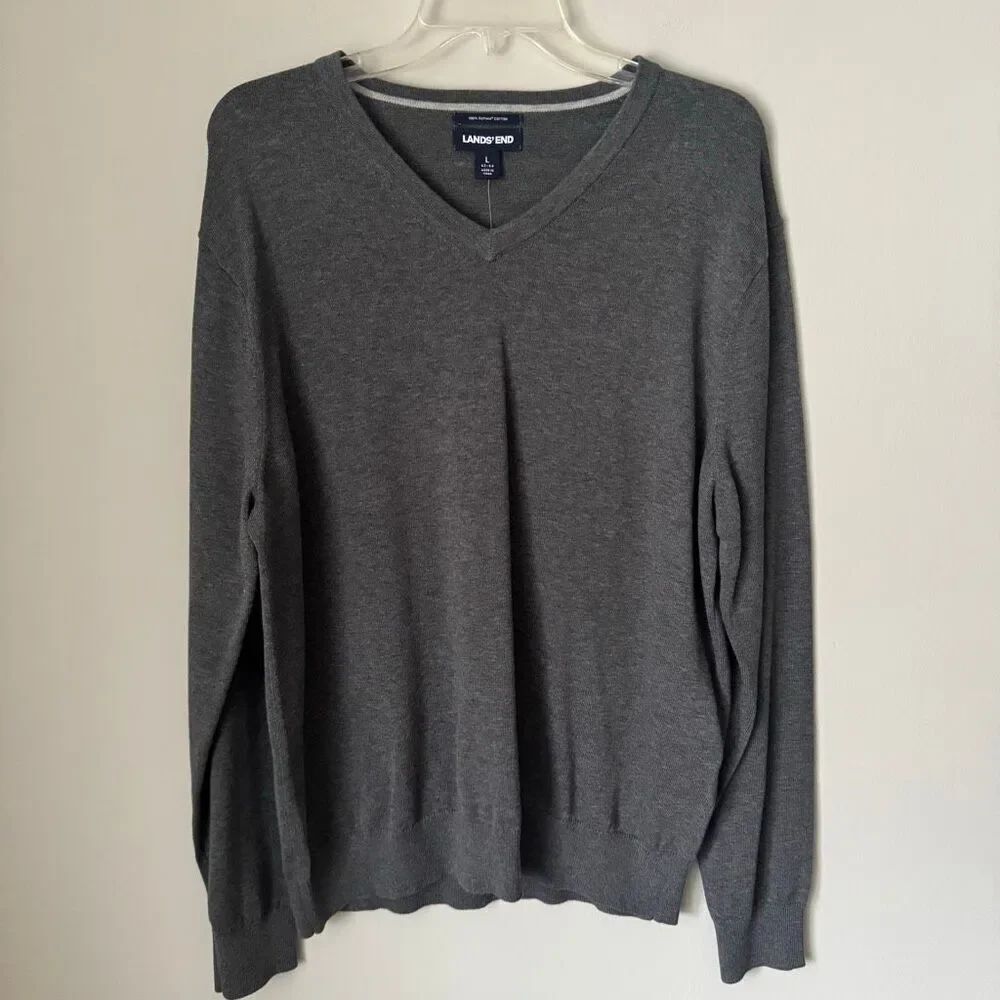 Lands End Gray V-Neck 100% Supima Cotton Pullover Lightweight Sweater Size L